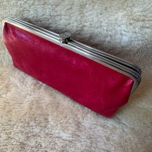 HOBO Red Leather Bifold Kisslock Wallet Clutch Geometric Lining 8.5” Pristine